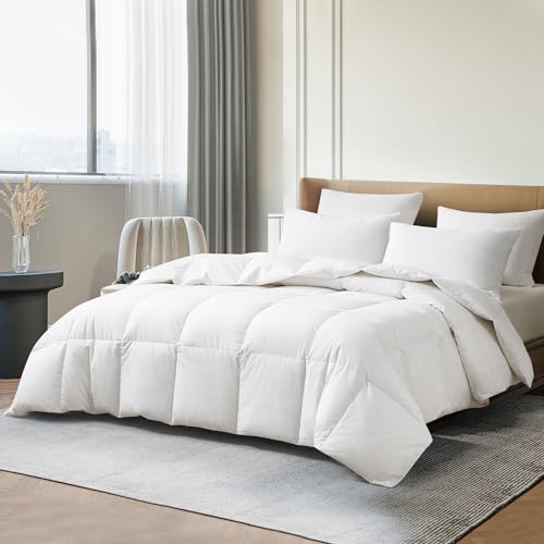 Martha Stewart Tencelâą Lyocell/Cotton Blend White Goose Down Fiber Comforter - All Season Warmth Duvet Insert with Corner Tabs - Full/Queen Size