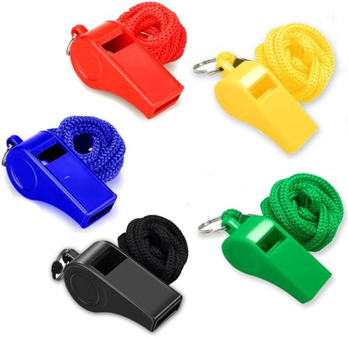 iJiGui Lot de 5 Sifflets en Sport Plastique, Sifflet Fort et Net avec Cordon, Idéal pour Les Entraîneurs, Arbitres, Officiels et Dressage de Chiens
