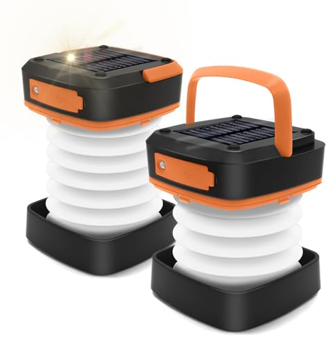 2-Pack Folding Solar Camping Lantern Flashlights, DIBMS Mini Collapsible USB Rechargeable Waterproof Hanging Light for Camping Hurricanes Emergency Power Outages Indoor Outdoor