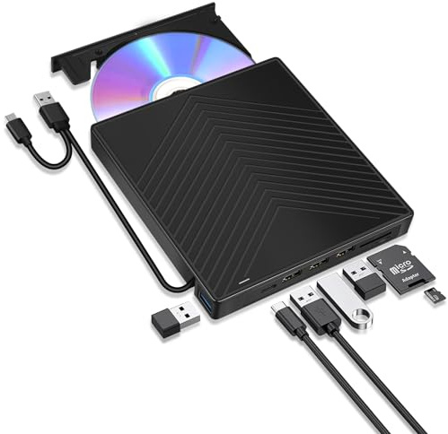 ARyee Unidad externa de CD y DVD 7 en 1, USB 3.0 con 4 puertos y 2 ranuras para tarjetas TF/SD, unidad óptica delgada para PC, Windows 11/10/8, portátil, Mac, Linux OS
