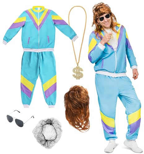 Festicy Costume Retro années 80s et 90s I Taille XL I Avec accessoire de 80s, veste de survêtement rétro, pantalon, perruque Vokuhila, chaîne en or et lunettes I Costume homme 80s édition (2024)