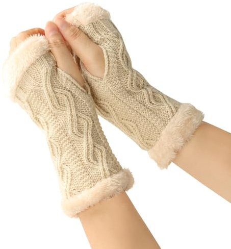 KBRPEY Gants Sans Doigt Femme, Gants Chauds d'Hiver Pour Femmes, Chauffe-poignets en Cachemire Gants Thermiques avec Trou pour le Pouce,Gants Sans Doigts Chaudes y2k Thermiques Cadeaux (Beige)
