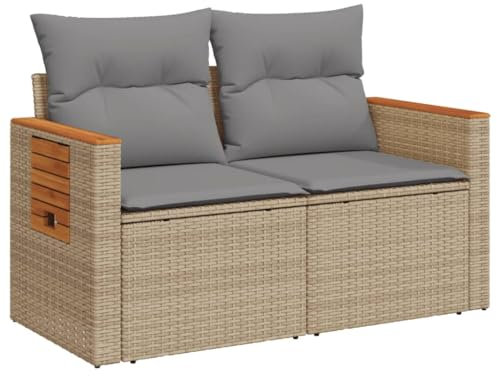 vidaXL Gartensofa mit Kissen 2-Sitzer, Sofa mit klappbaren Ablagen, Terrassensofa mit abnehmbarem waschbarem Bezug, Gartenmöbel Terrassenmöbel, Beige Poly Rattan