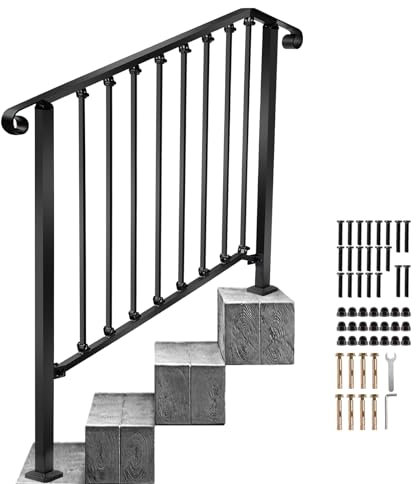 Redlife Treppengeländer Außen für 3 oder 4 Stufen, Treppengeländer Innen für Betonstufen, Handlauf Treppe für Veranda, Schmiedeeiserner Geländer & Balkongeländer, Handlauf Schwarz (3-4 Stufen)