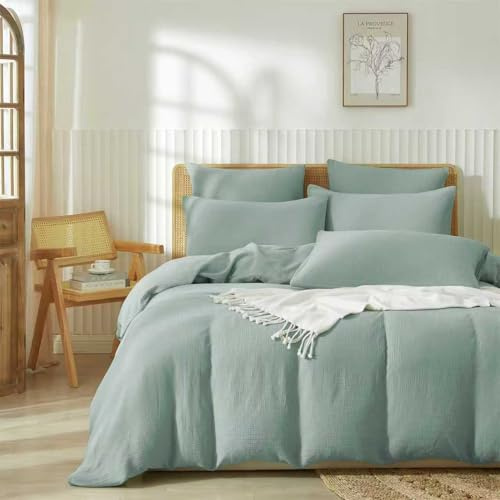 Boqingzhu Muslin Bettwäsche 200×220 cm Baumwolle Mint Grün Sommerbettwäsche Weich Kühlend Atmungsaktiv Sommer Bettbezug Doppelbett und Kissenbezug mit Reißverschluss