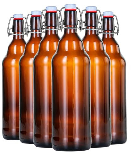 Danmu Art 6PCS 1L Glass Bottles with Swing Top Lids - Clip Top Brewing Preserve Airtight Brown Glass Bottles - for Home Brewing Oil Vinegar Beer Wine Cider Soda 1000ML/35oz