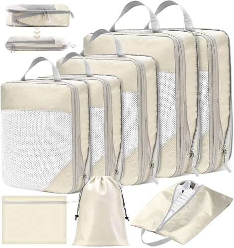 POWZOO 8 Teilige Compression Packing Cubes Set,Kleidertaschen,Schuhtaschen,Koffer Organizer Set,Organizer Packing Cubes Compression,für Koffer,Backpack,Reise Organizer,Ordnungssystem für Koffer-Beige