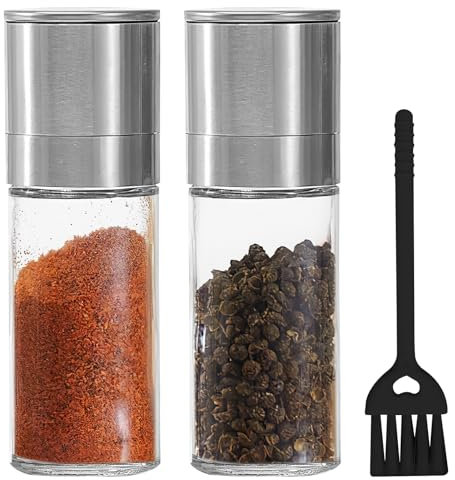 HENGBIRD Lot de 2 moulins à sel et à poivre avec 1 brosse de nettoyage, grossièreté réglable, moulin à épices, moulin à sel rechargeable, moulin à poivre en acier inoxydable avec rotor en céramique