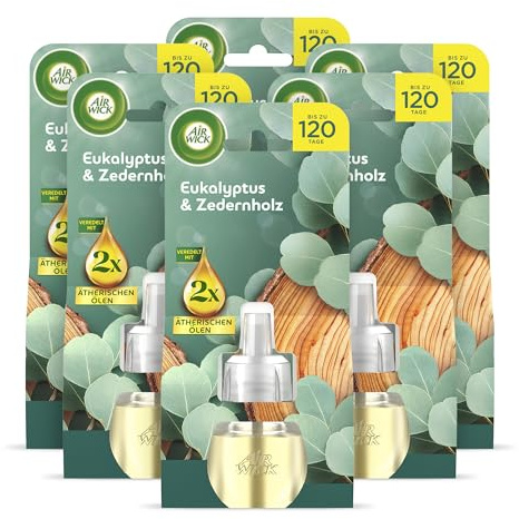 Air Wick Recharge pour diffuseur de parfum - Parfum : eucalyptus et bois de cèdre - Parfum d'ambiance boisé et frais pour prise de courant - 6 recharges d'huile parfumée de 19 ml