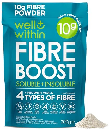 10g Fibre Supplement Powder, 1/3 NHS Daily Intake, 4in1 Insoluble & Soluble Fibre Powder, 4 Types of Fiber (200g Bag, 2 Servings = 10g Fiber) Well Within. for Men, Women & Kids