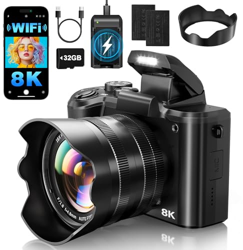 XNSIAKXA 8K Digital Cameras for Photography Autofocus 88MP WiFi Professional 16X Digital Zoom Photography Camera with Dual-Lens for YouTube with Lens Hood, Touch Screen, 2 Batteries & Charging Stand