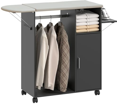HOMCOM Mobile Asse da Stiro Pieghevole con Ruote a Freno e Portaferro da Stiro, Mobile da Stiro Multiuso con Barra Appendiabiti, Ripiani Regolabili, per Lavanderia, Bagno, 127x42.5x99 cm, Nero