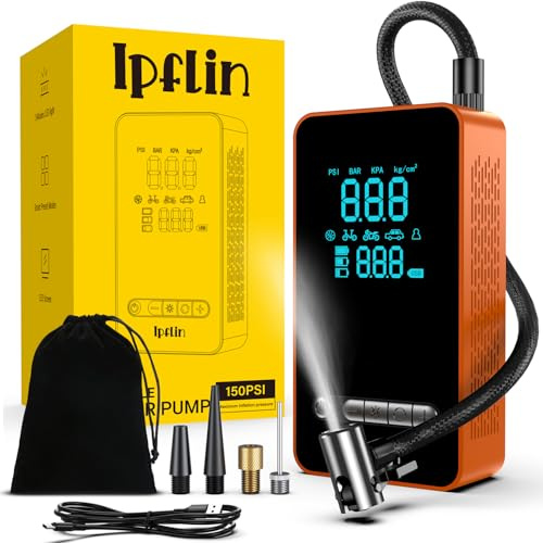 Ipflin Tyre Inflator Cordless Compressor - Portable Air Electric Bike Pump 150 PSI with Digital Display,Rechargeable Tyre Accessories for Car and Bike with Pressure Gauge and LED Light, Orange