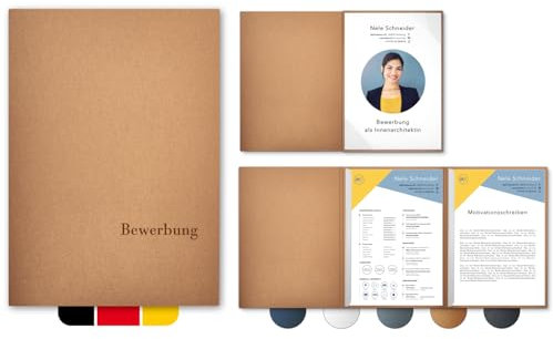 5 Stück 3-teilige Bewerbungsmappen Esclusiva® Exzellent in Kupfer mit 2 Klemmschienen // in 1A-Premium-Qualität mit hochwertiger Flach-Prägung „BEWERBUNG“ // Produkt-Design von Mario Lemani