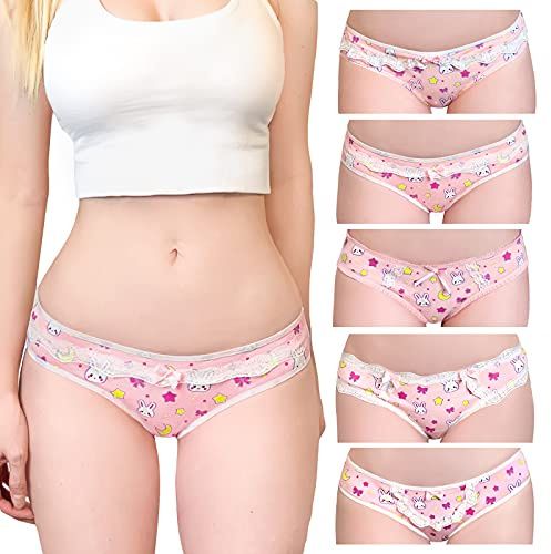 LittleForBig Dam Kvinnor Mjuk bomull underkläder Bekväma hipstertrosor 5-pack underbyxor-Usagi Mönster XS