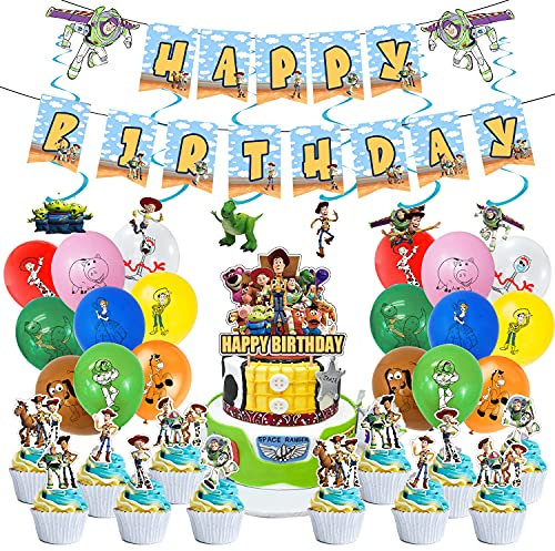 52 Pcs Toy Story Birthday Party Supplies,Toy Story Decorations include Cake Topper, Cupcake Toppers, Banner, Balloons,Spirals
