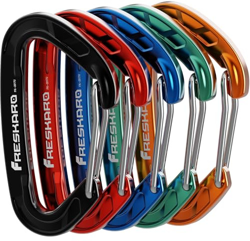 FresKaro 5pcs Carabiner Clips, caribeener clip Heavy Duty, Small Sturdy Key Keychain Accessory, Spring Snap Wire-gate Hook, 8kN 816kg, for Hiking, Camping, Not for Climbing, Mini Size (Rainbow)