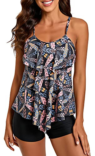 FLYILY Dam 2-delad tankini baddräkter volang tryckt topp med pojkshorts plus size badkläder baddräkt