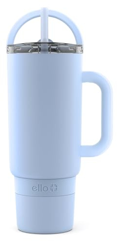 Ello Port 40oz Tumbler with Carry Loop & Integrated Handle, Vacuum Insulated Stainless Steel Reusable Water Bottle, Travel Mug with Leak Proof Lid & Straw for Iced Coffee & Tea, Halogen Blue