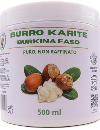 Burro di Karité del Burkina Faso (500 ml), puro non raffinato, certificato Ecocert. Idrata e favorisce la rigenerazione della pelle. Prodotto equo solidale ottenuto con metodo tradizionale.