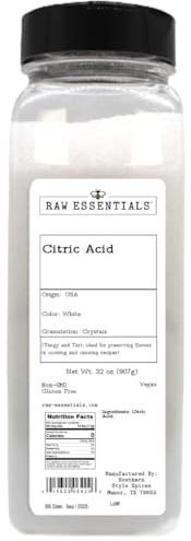Raw Essentials Citric Acid - Food Grade & Versatile - Perfect for Cleaning, Bath Bombs, Cooking, Canning, and Preserving Flavors - Tangy & Tart - Vegan, Gluten-Free, Non-GMO - Large 32 Ounce Bottle