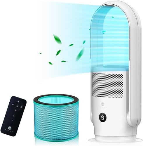 Ultty Bladeless Fan with Air Purifier, Bladeless Tower Fan Portable Air Purifier Fan with Remote, Touch, Timer, HEPA Filter, 90° Oscillating 9 Speeds, 3 Modes CR021, White