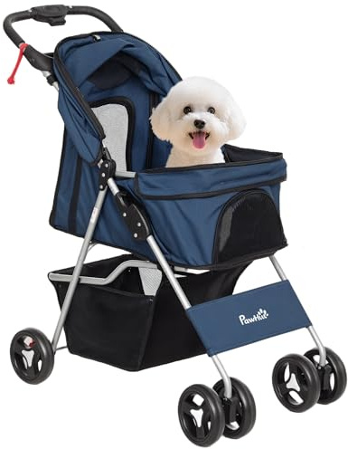 PawHut Chariot pliable pour chiens de petite taille avec auvent réglable Panier de rangement 2 roues universelles Charge 15 kg 77 x 45 x 99,5 cm Bleu foncé