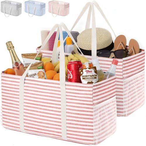 Lifewit Extra Stor Tygkasse, Återanvändbara Shoppingkassar Med Metalltrådsram och Handtag, Stående Hopfällbara Shoppingkassar för Förvaring, Picknick, Strand, Tvätt, Camping, 2 st, Rosa