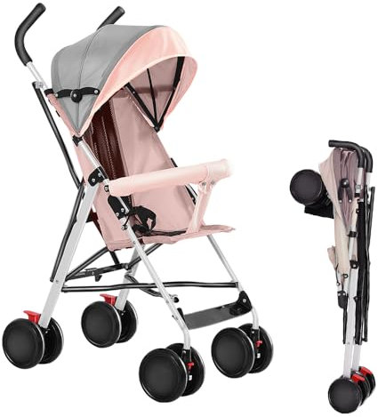 Supfine Kinderwagen, Liegebuggy, Sportwagen, Drehbare Vorderräder, Verstellbarer Baldachin, Zusammenklappbar, mit Matte und Moskitonetz, bis 15kg (Rosa)