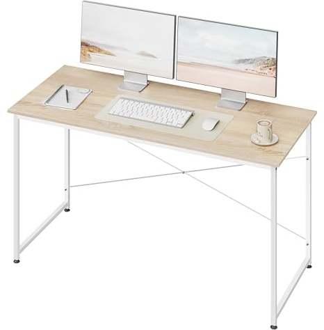WOLTU Escritorio, Mesa de Ordenador, 140x60x75 cm, Escritorio Oficina con Soporte Metálico, Mesa de Trabajo para Estudio Oficina y Dormitorio, Madera + Metal, Roble Claro + Blanca