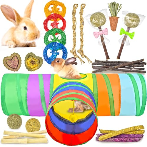 Ousiya 26-in-1 Giocattoli naturali per conigli con set di tunnel conigli pieghevoli, vari giocattoli da masticare che rompono la noia e nascondono per la dentizione e l'attività di piccoli animali