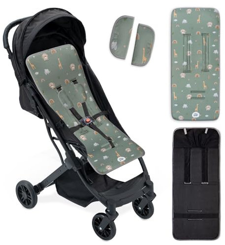 Interbaby Colchoneta Silla Paseo Universal para Verano | Safari Verde | Transpirable y Cómoda | Funda Carro Bebe 100% Algodón, 84x34cm, Protectores para Arnés