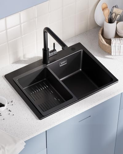 Sofetiy Évier de Cuisine Noir Granit 60x45cm, Évier Noir, Lavabo de Cuisine, Grande Évier de Cuisine en Granit, Évier de Cuisine Moderne Rectangulaire, Évier Simple avec 2 Trous de Robinet, Évier de