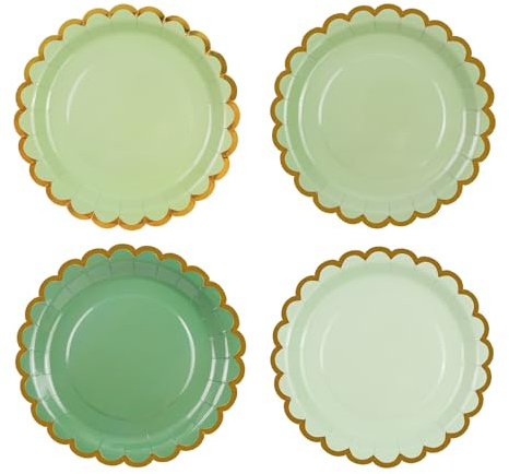 DHAIQC 48PCS Sage Green Paper Plates 7 Inch, Gradient Green Scalloped Party Plates with Gold Foil Edge Disposable Dessert Cake Plate for Baby Shower Wedding Birthday Supplies