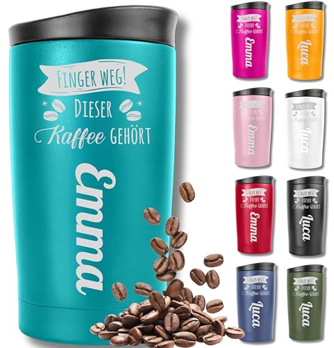 KUINEA Thermobecher personalisiert mit Gravur – [100 % auslaufsicher] Coffee To Go Becher 350 ml – personalisierter Kaffeebecher Edelstahl – türkis – ideale Geschenkidee für Männer & Frauen