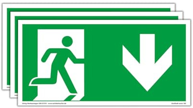 3 Schilder Notausgang | extra langnachleuchtend | PVC selbstklebend 297x148mm | gemäß ASR A1.3 DIN 7010 67510 | Notausgangsschild Pfeil nach unten | Fluchtwegschild Rettungsweg | Dreifke® extra 160