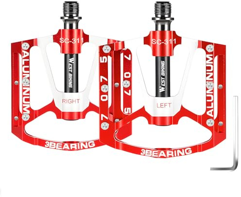 Pédales de vélo de Montagne, pédales de vélo à 3 roulements, pédales Plates de VTT de 1,4 cm, pédales Plates en Aluminium léger et antidérapant pour vélo de Route, BMX, VTT (Rouge)