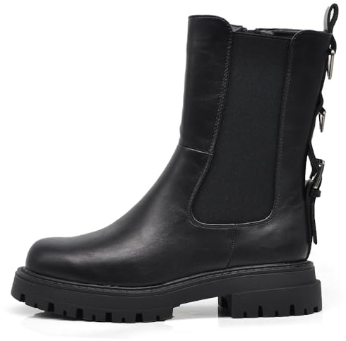 IF Stivali Biker Ciclista Stivaletti Chelsea Donna con Suola Spessa Chunky 3 Fibbie Posteriori MP2747-3 Nero N.41