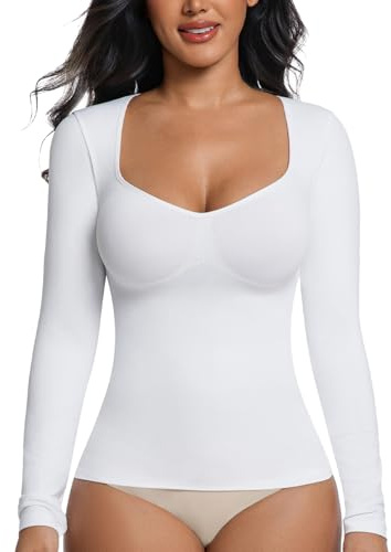 ONEW Camiseta de compresión de manga larga para mujer, camiseta interior moldeadora Tummy Control Shapewear Top, Blanco, XL