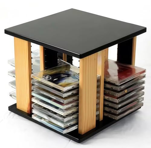 TAUIANE Porta Custodie CD Girevole 360° in Legno - Contiene Fino a 45 Custodie, Scaffale Organizzatore per Raccolte Multimedia, Nero