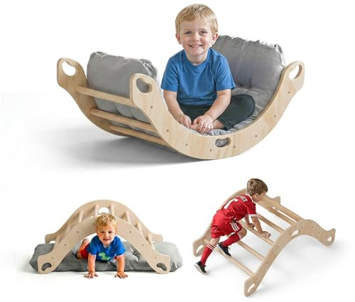 COSYLAND Montessori Klätterbåge av trä med kudde, klätterbåge för bebisar från 1 år, för barn att vippa, klättra och krypa, trägungbräda barn inomhus, stabil bågvippa av naturträ