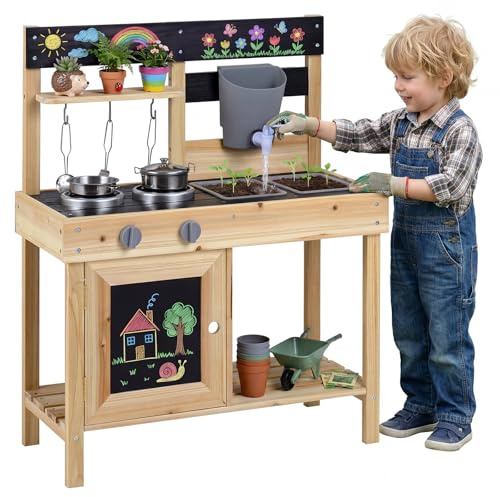 COSTWAY Cucina Giocattolo da Esterno per Bambini in Legno, Cucinetta per Giocare Sabbia, Gioco Montessori con Lavagne, Lavandini, Serbatoio d'Acqua e Utensili e Ampio Spazio di Stoccaggio
