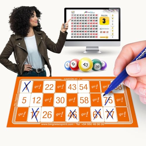 BINGO ESCOPRINT - 600 Cartones de Bingo | Juego de Bingo para PC de Regalo | Juego de Mesa | 90 Bolas | Bingo Adultos, Familias y Asociaciones | Naranja