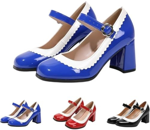 Mary Jane - Zapatos de tacón de bloque para mujer, elegantes zapatos de vestir retro con hebilla para bodas y fiestas, Blue, 38.5 EU