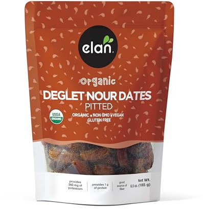Elan Organic Pitted Dates, 6.5 oz, Naturally Sweet Dried Fruits, No Pits, No Sugar Added, No Sulphites, Non-GMO, Vegan, Gluten-Free, Kosher, Deglet Noor Dried Dates