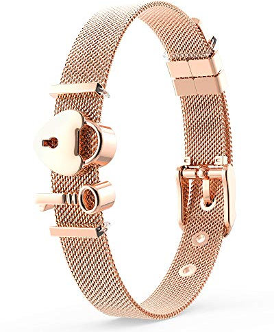 THIORA Damen Armband Rosegold | Premium Edelstahl | Anhänger | Charms Schloss Schlüssel | Charmband | Geschenk | Armschmuck (Unlocked Love - Rosegold)