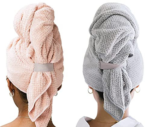 Aiuuee 2 Stück Verdickt Mikrofaser Handtuch für Langes Haar, Groß 106 x 63 cm Turban Haarturban mit Elastischem Band, Microfiber Towel Hair, Haarhandtuch Kopfhandtuch Schnell Trocknend(Grau & Rosa)