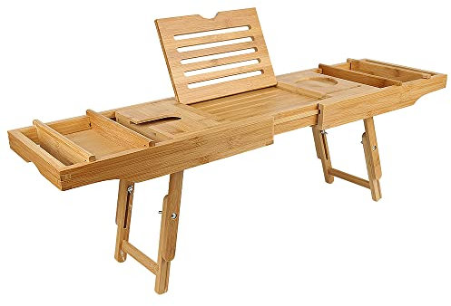 Plateau de Bain en Bambou, Pont de Baignoire Extensible, Etagère à Baignoire de Salle de Bain avec Plateau de Rangement et Porte-Savon, Baignoire et Plateau de Lit, 75-109cm*23*4.5cm