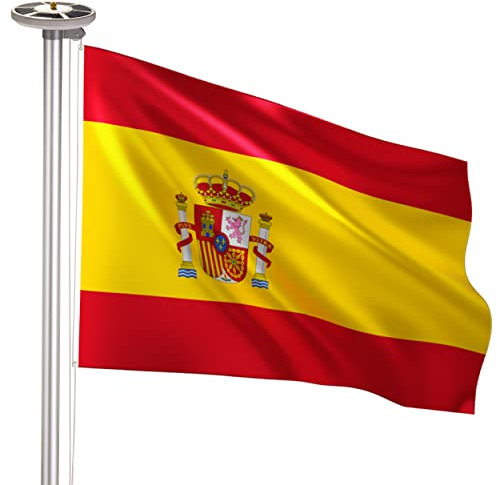 BRUBAKER Asta de Bandera con Bandera de España y Luz Solar - 90 x 150 cm Bandera Grande España - 6 m Mástil de Aluminio - Lámpara de Energía Solar con 26 LED - Kit para Decoración Exterior