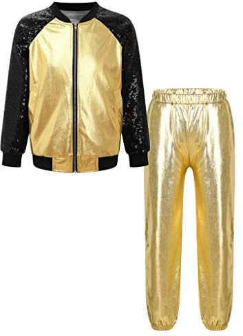 Mufeng Kinder Mädchen Hip Hop Kleidung Set Pailletten Langarm Jacke Mit Lang Hose Glänzend Jazz Kleidung Set Jogginganzug Gold 146-152